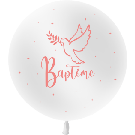Ballon 86cm Baptême Blanc impression Rose HELIUM - PMS