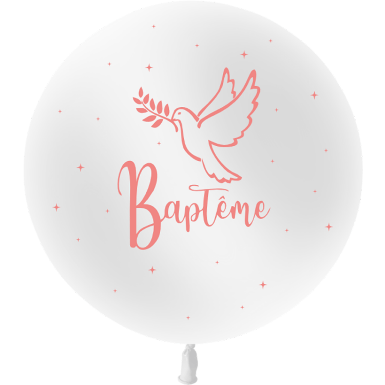 Ballon 86cm Baptême Blanc impression Rose HELIUM - PMS