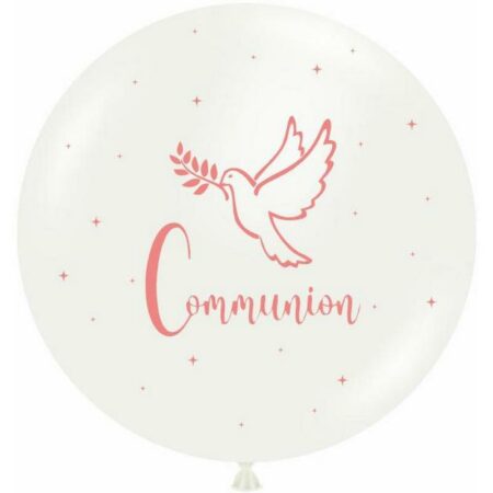 Ballon 60cm Communion Blanc Impression Rose HELIUM - PMS