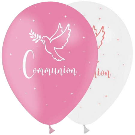8 Ballons Latex 30cm Communion Rose & Blanc - PMS