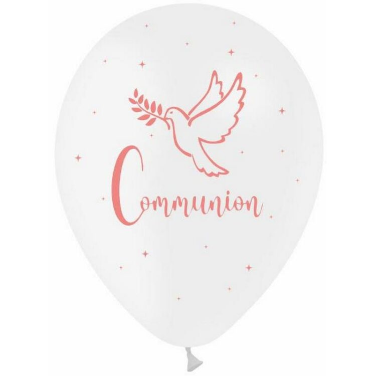 8 Ballons Latex 30cm TAT Communion Blanc Impression Rose - PMS