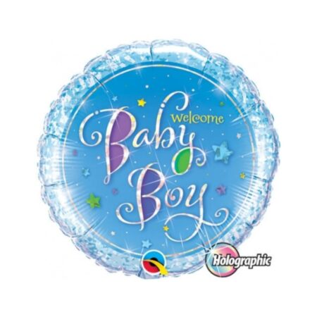 Ballon Aluminium Rond "Welcome Baby Boy" Holographique 18" - Qualatex