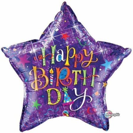 Ballon Aluminium Étoile "Happy Birthday" Violet Holographique 36" - Qualatex