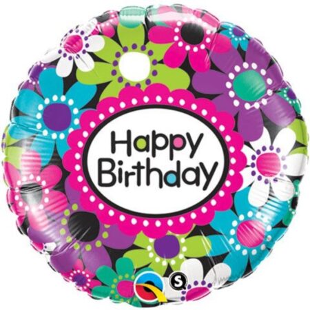 Ballon Aluminium Rond "Happy Birthday" Fleurs 18" - Qualatex